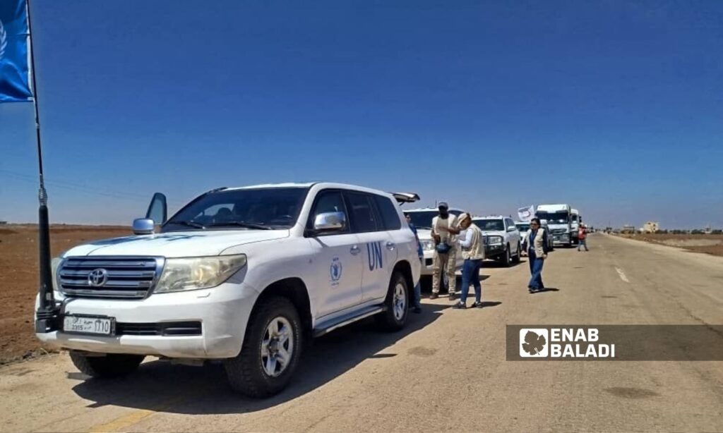 An aid convoy en route to Suwayda via the Busra al-Sham corridor – August 6, 2025 (Enab Baladi)
