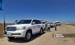 An aid convoy en route to Suwayda via the Busra al-Sham corridor – August 6, 2025 (Enab Baladi)