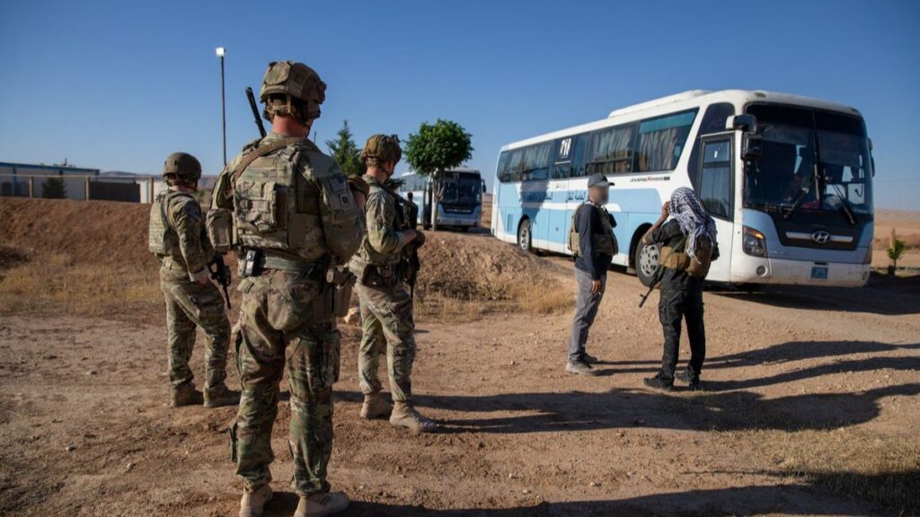 Coalition forces escort buses carrying Iraqi refugees leaving camps in northeast Syria – August 15, 2025 (CENTCOM)