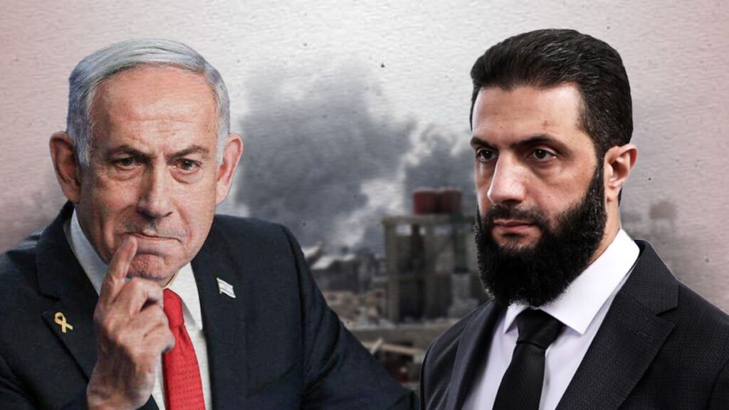 Syrian transitional president Ahmad al-Sharaa and Israeli Prime Minister Benjamin Netanyahu (Enab Baladi edit)
