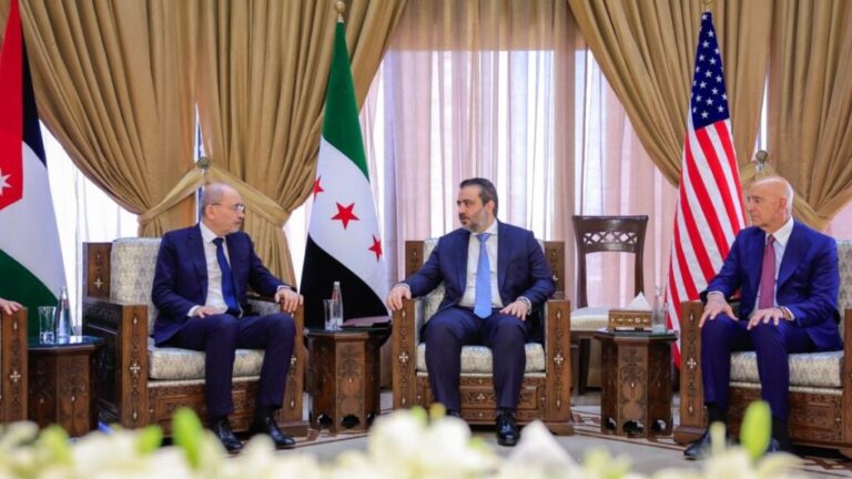 Syrian Foreign Minister Asaad al-Shibani met with his Jordanian counterpart Ayman Safadi and US Special Envoy to Syria Thomas Barrack in Damascus on September 16, 2025 (Syrian Foreign Ministry/Facebook)