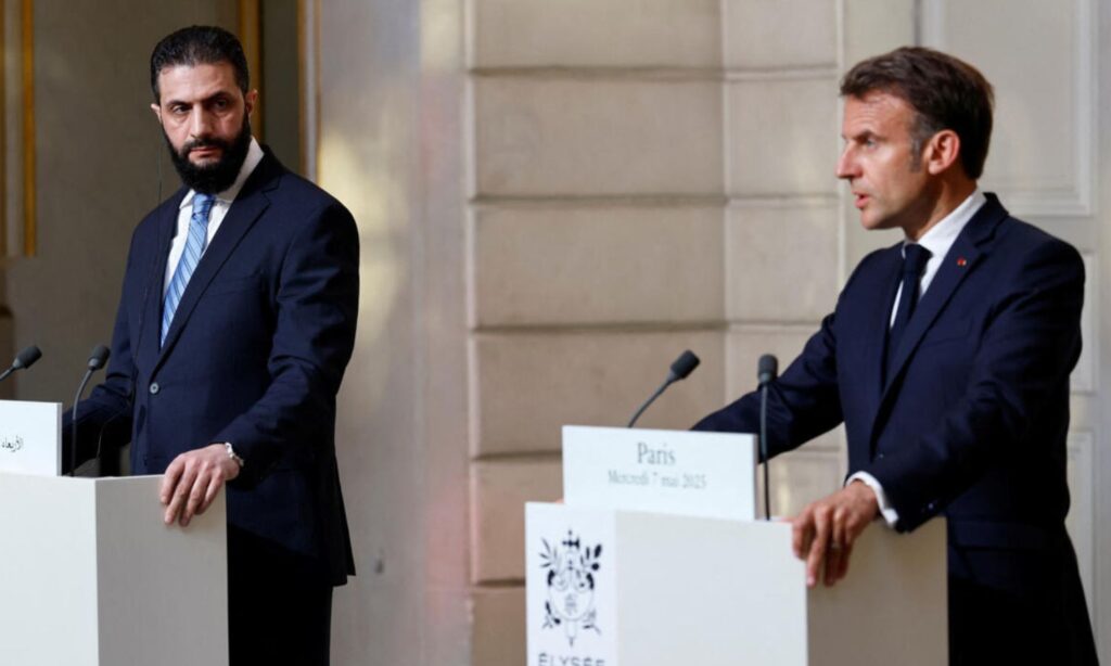 Syrian President Ahmed al-Shar’a and France’s Emmanuel Macron during a joint press conference after a meeting at the Élysée Palace in Paris — May 7, 2025 (Reuters)