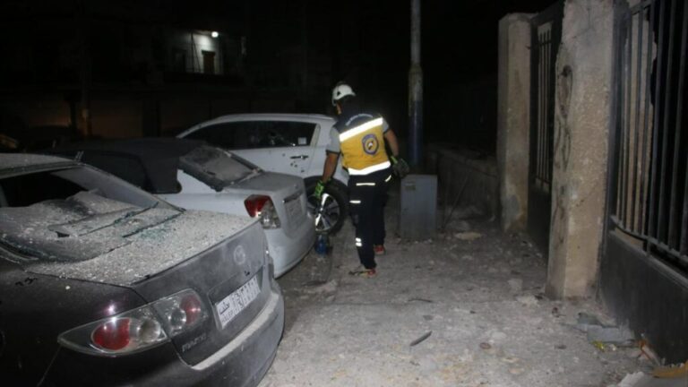 Civil Defense teams inspect a site hit by a rocket attack in Aleppo city – October 7, 2025 (Syrian Civil Defense)