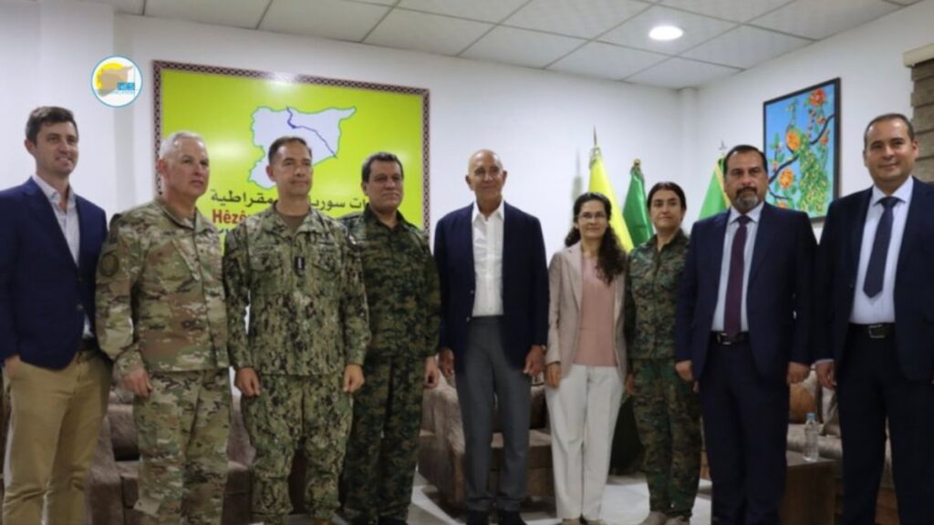 Meeting between SDF Commander Mazloum Abdi, U.S. Envoy to Syria Tom Perriello, and CENTCOM Commander Brad Cooper – October 6, 2025 (North and East Syria Communications / X)
