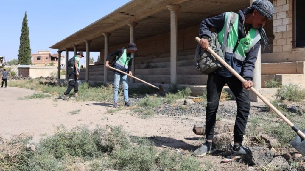 Road-cleaning work in al-Soura al-Saghira village (northern Suwayda countryside, southern Syria) in preparation for the return of displaced residents - October 6, 2025 (Suwayda Governorate/Telegram)