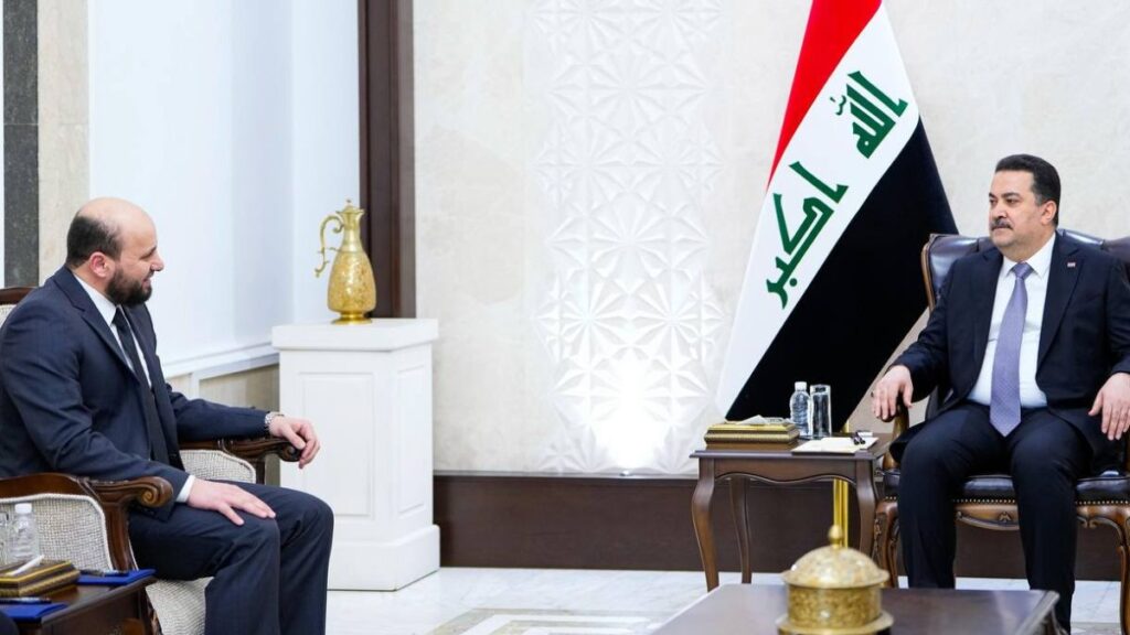 Iraqi prime minister meets Syrian Energy Minister Mohammed al-Bashir to discuss reviving the Kirkuk-Baniyas line, 12 August 2025 (Iraqi Prime Minister’s Media Office)