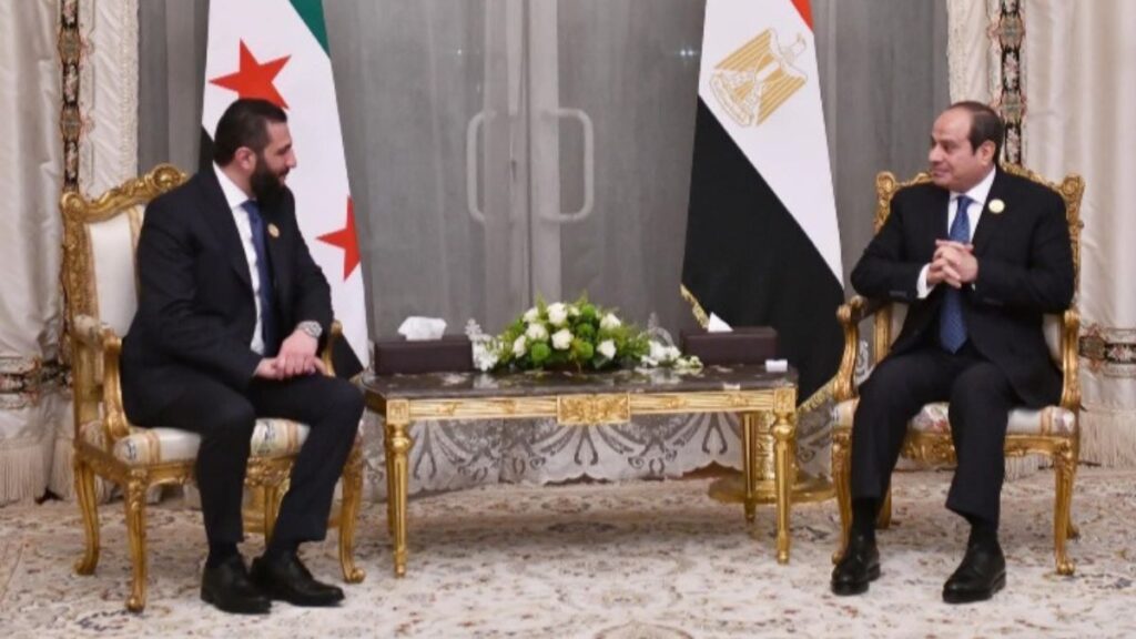 Egyptian President Abdel Fattah el-Sisi receives Syrian President Ahmad al-Sharaa during the emergency Arab summit in Cairo, March 4, 2025, Egyptian Presidency/Facebook.