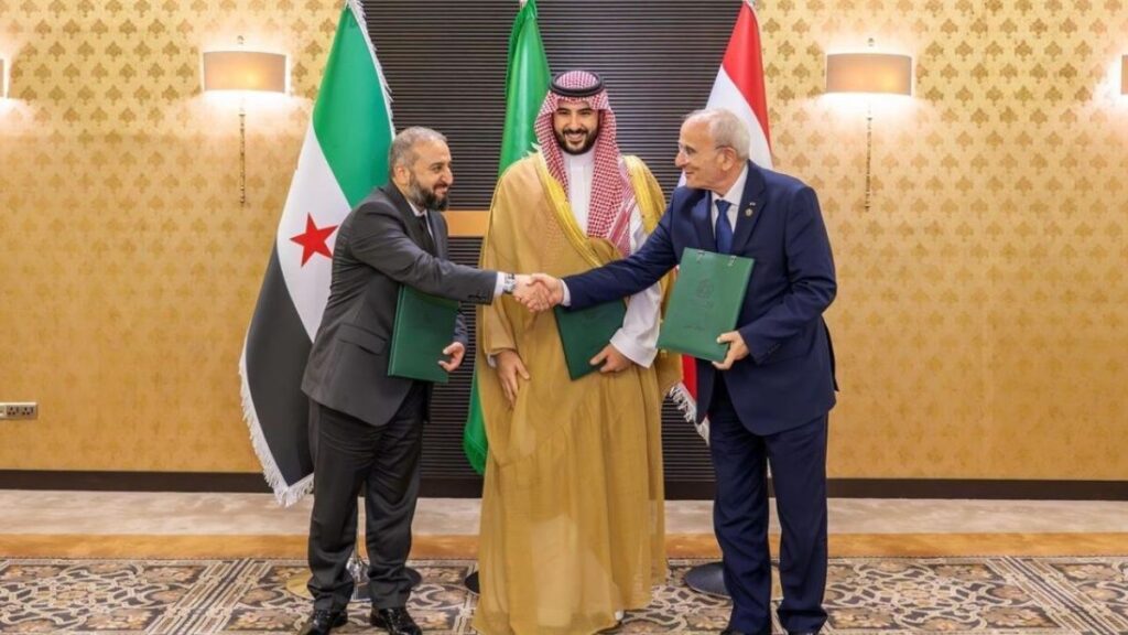The Syrian and Lebanese defense ministers meet with their Saudi counterpart in Riyadh, March 28, 2025 (SPA).