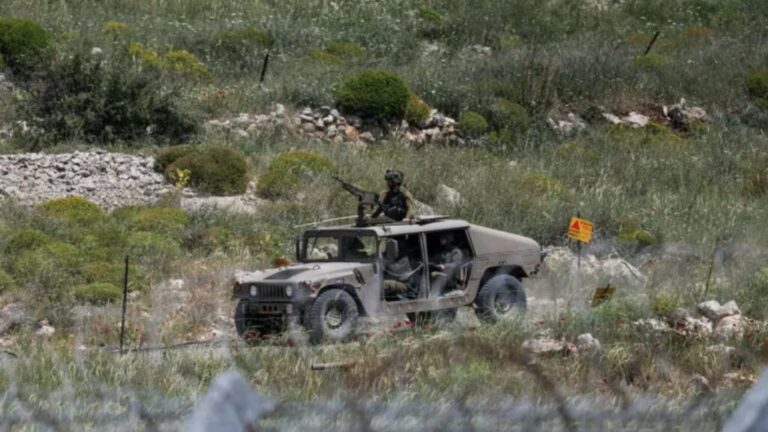 An Israeli military vehicle near the border between the occupied Golan Heights and Syria, 4 May 2025 (Shir Torem/Reuters)