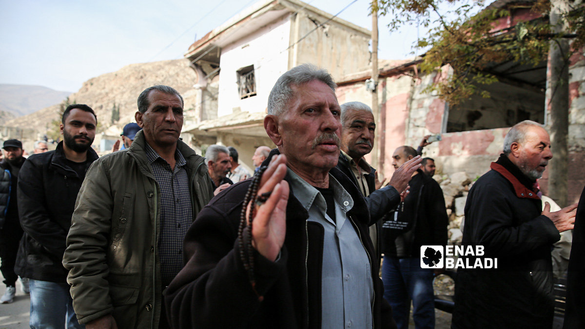 During a condolence gathering for the families of civilian victims targeted by Israel in the town of Beit Jinn (southwestern rural Damascus, near the occupied Syrian Golan Heights), (Enab Baladi/Noor Hamza)