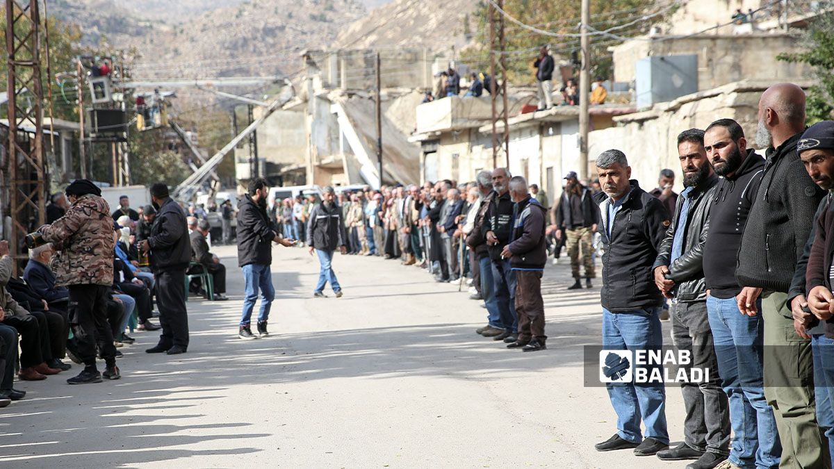 During a condolence gathering for the families of civilian victims targeted by Israel in the town of Beit Jinn (southwestern rural Damascus, near the occupied Syrian Golan Heights), (Enab Baladi/Noor Hamza)