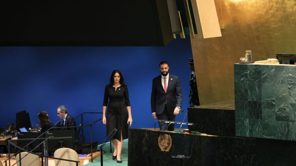 Syrian transitional President Ahmad al-Sharaa delivers the Syrian Arab Republic’s address to the 80th UN General Assembly, September 24, 2025 (Presidency of the Syrian Arab Republic).