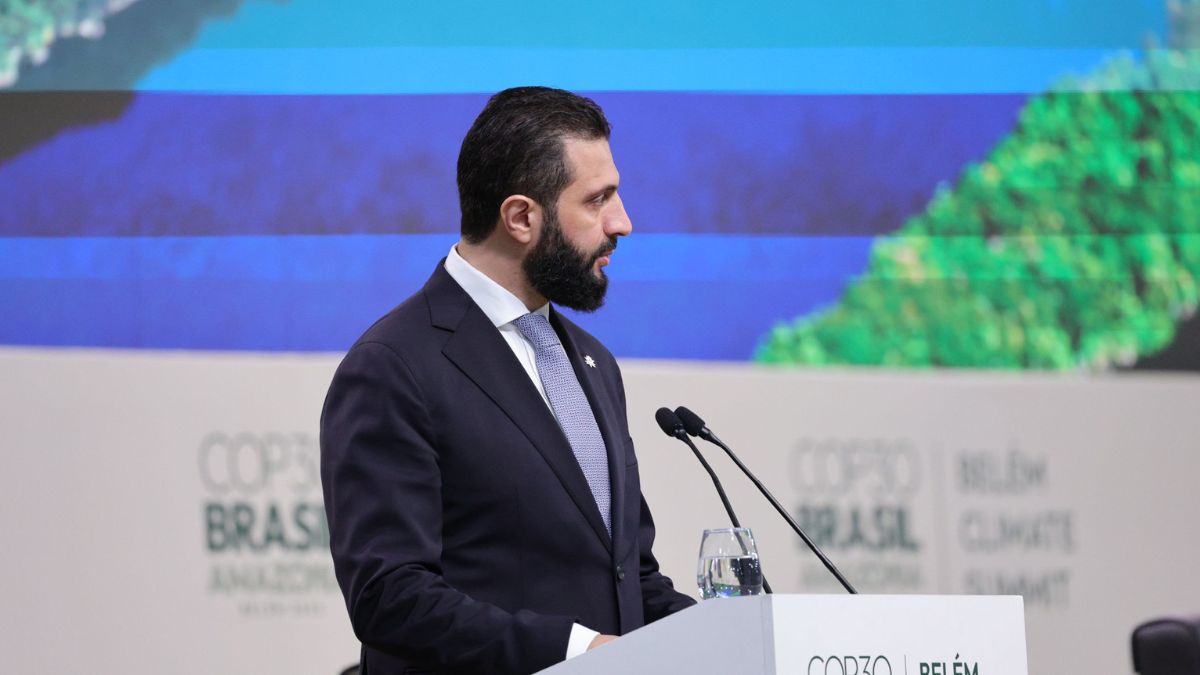 Syria’s transitional president Ahmad al-Sharaa delivers the first-ever address by a Syrian president to the Heads of State and Government Plenary at the COP30 climate summit in Brazil, November 6, 2025 (Syrian Presidency)