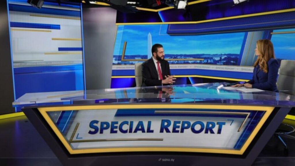 Syria’s transitional president gives a Fox News interview after meeting U.S. President Donald Trump, November 11, 2025, Fox News.