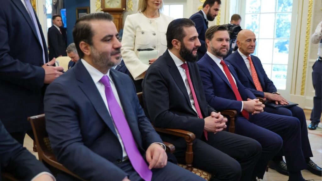 From the meeting between Syrian President Ahmad al-Sharaa, US envoy Thomas Barrack, and US President Donald Trump, 10 November 2025 (Presidency of the Syrian Arab Republic)