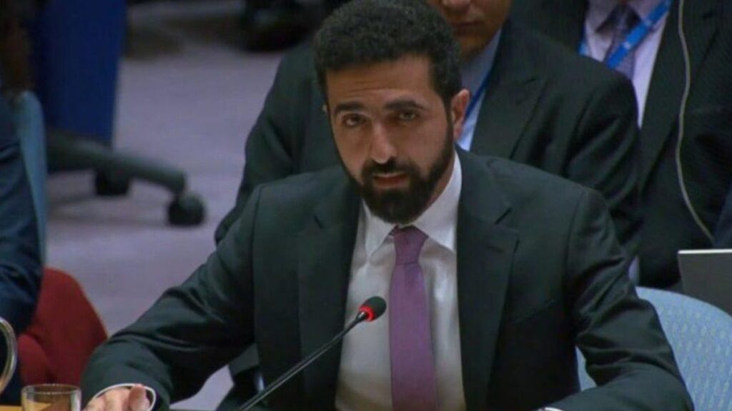 Syria’s Permanent Representative to the United Nations, Ibrahim Olabi, delivers his address to the UN General Assembly’s First Committee on Disarmament and International Security in New York, November 3, 2025 (Syrian al-Ikhbariyah).