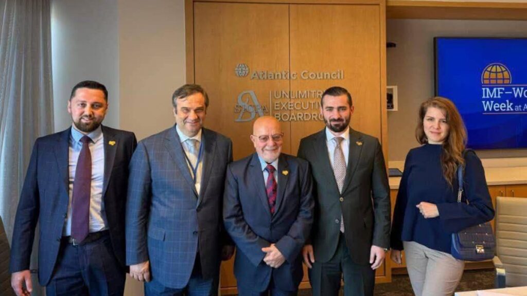Central Bank of Syria Governor Abdulkader Husrieh and Syrian Economy and Industry Minister Nidal al-Shaar take part in an Atlantic Council panel on the Syrian economy, October 17, 2025 (Abdulkader Husrieh/Facebook)