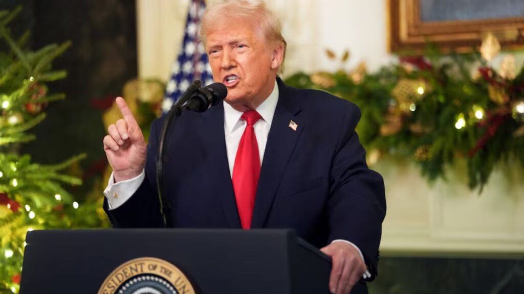 US President Donald Trump delivers a speech in the Diplomatic Reception Room at the White House in Washington, 17 December 2025 (Reuters)