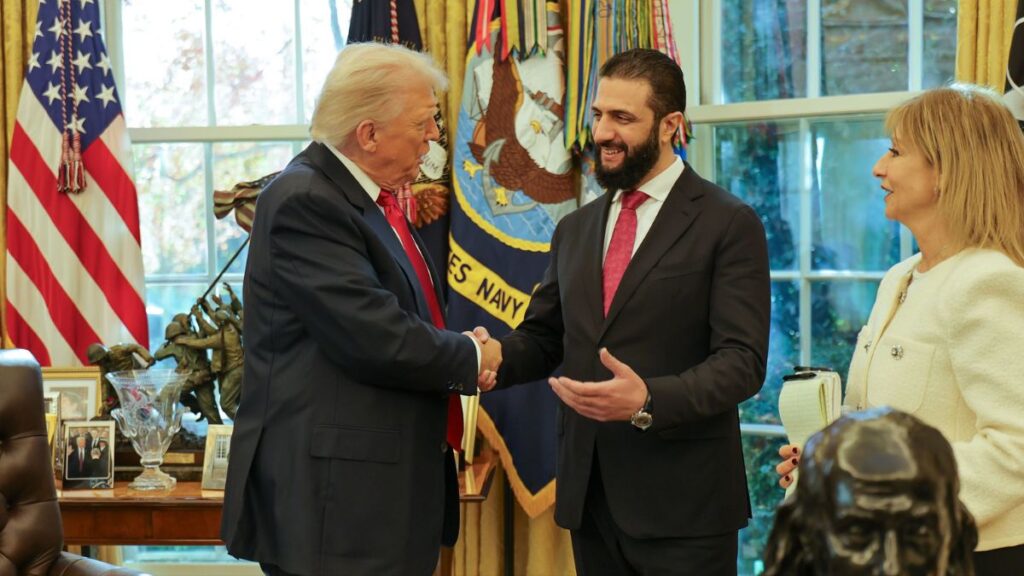 Syrian transitional president Ahmed al-Sharaa shakes hands with US President Donald Trump during his visit to the White House, 10 November 2025 (Presidency of the Syrian Arab Republic)