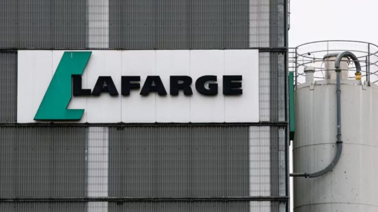 The Lafarge logo is seen at a Lafarge concrete plant near Paris, November 3, 2025 (Reuters).