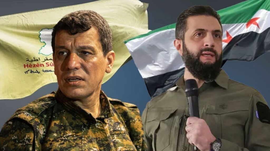 Syria’s transitional President Ahmed al-Sharaa and Syrian Democratic Forces (SDF) commander Mazloum Abdi (Enab Baladi edit)