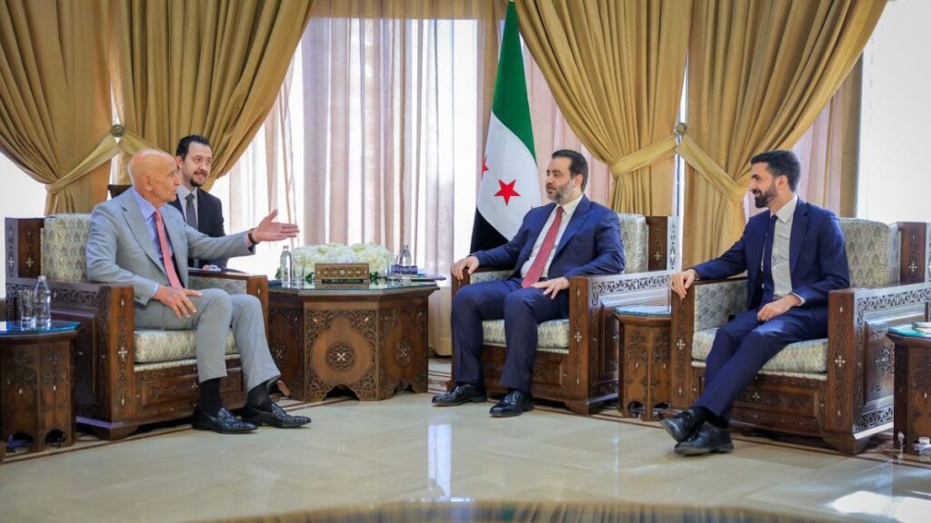 Syrian Foreign Minister Asaad al-Shibani receives the US Special Envoy to Syria Thomas Barrack, 2 December 2025 (Syrian Foreign Ministry).