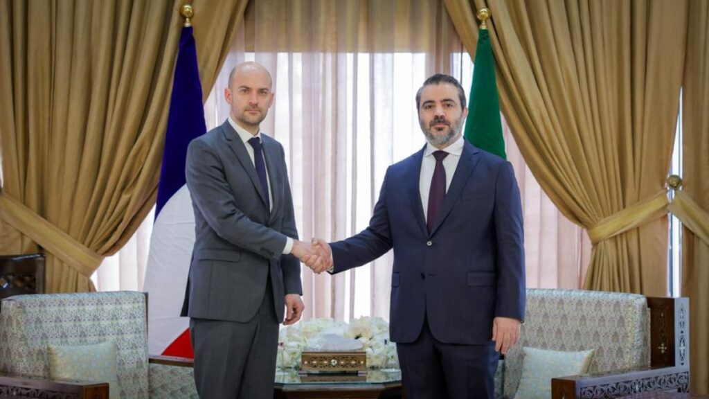 Syrian Foreign Minister Asaad al-Shaibani receives his French counterpart, Jean-Noel Barrot, in the capital Damascus, February 5, 2026. (Foreign Ministry/X)