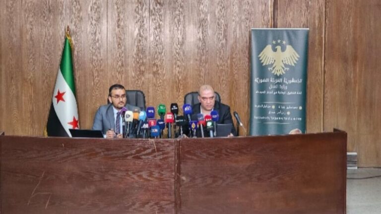 Press conference marking the submission of the National Committee for Investigation into the Suwayda events’ final report to the Syrian Minister of Justice at the Ministry of Information building in Damascus, March 17, 2026 (Enab Baladi/Ahmad Maslamani)