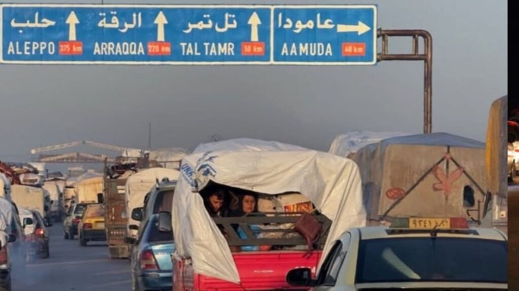 A new group of displaced people from Afrin leaves al-Hasakah, April 14, 2026 (Facebook/Afrin Today)