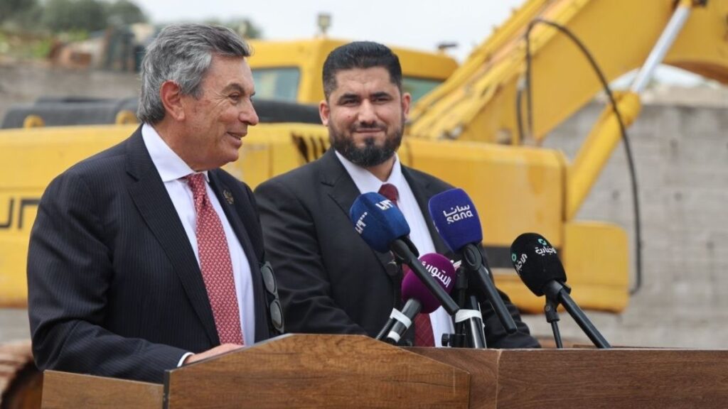Businessman Ayman Asfari launches a hospital project in Idlib, northern Syria, alongside Governor Mohammad Abdul Rahman, April 18, 2026. (Idlib Governorate)