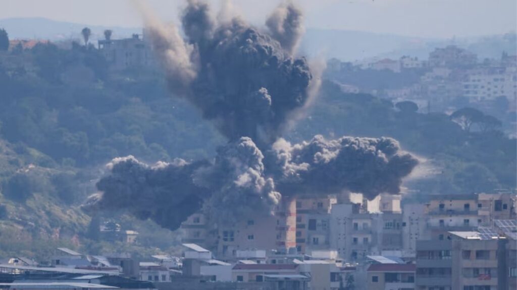 Smoke rises from an explosion in the al-Abbasiyah neighborhood following an Israeli strike on the Lebanese city of Tyre, April 8, 2026 (Reuters)