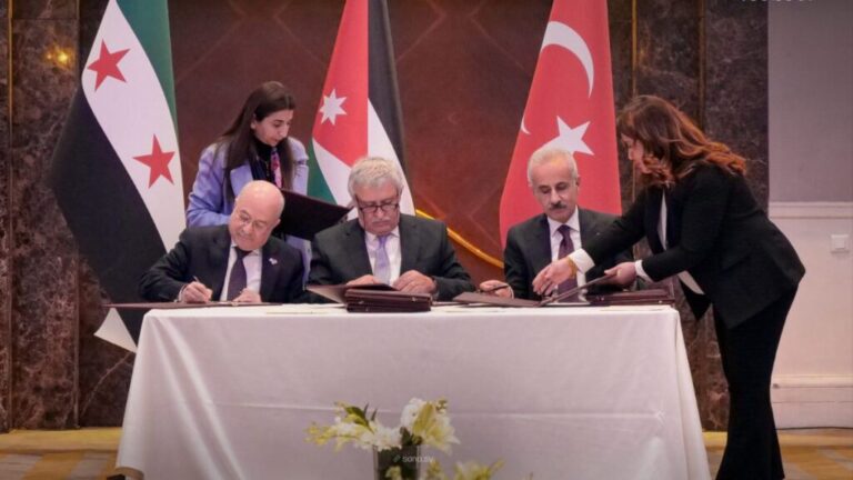 Transport ministers of Syria, Jordan, and Turkey sign a memorandum of understanding to develop transport sectors and logistics connectivity, April 7, 2026 (SANA)