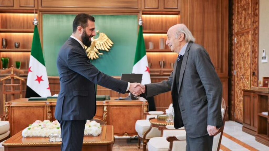 Syrian President Ahmed al-Sharaa receives Lebanese Druze leader Walid Jumblatt in Damascus, 26 April 2026. (Walid Jumblatt, X)