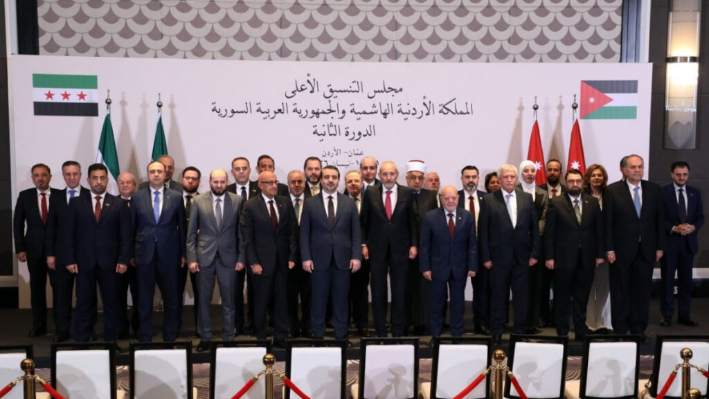 The Syrian and Jordanian delegations during a meeting of the Higher Coordination Council between the two countries, April 12, 2026. (Jordan News Agency)