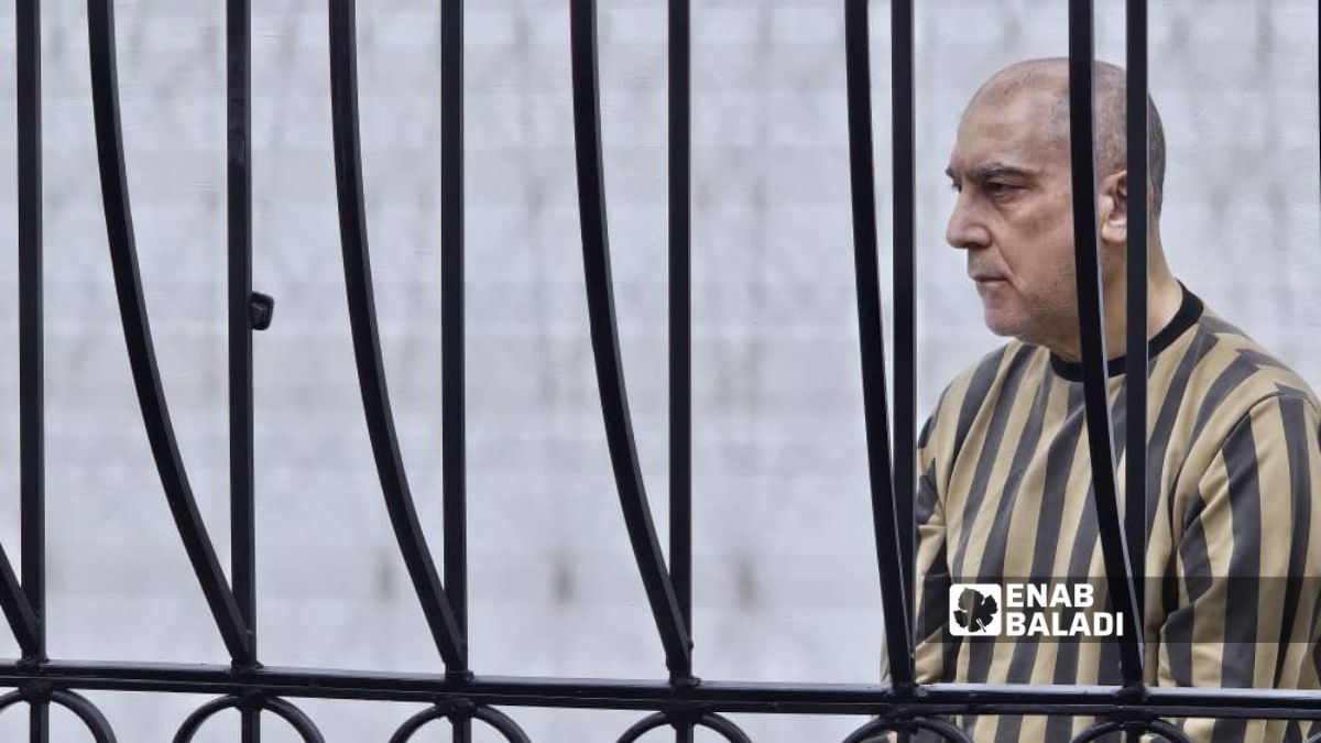 Atef Najib in the dock at the Fourth Criminal Court in the Palace of Justice in Damascus, April 26, 2026. (Enab Baladi)