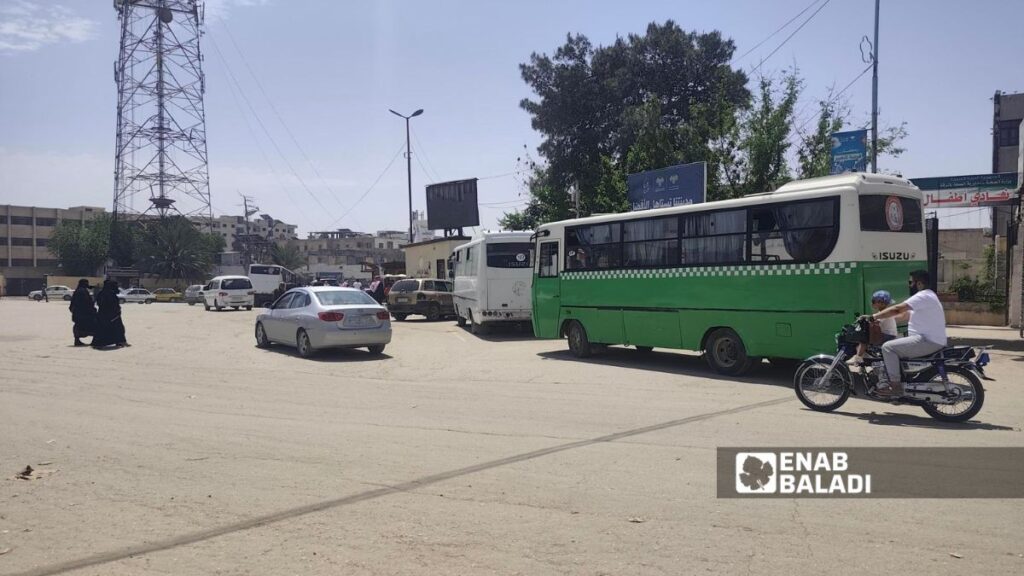 An internal transport garage near Raqqa Clock Square, 10 May 2026 (Enab Baladi, Ahmed al-Hamdi)
