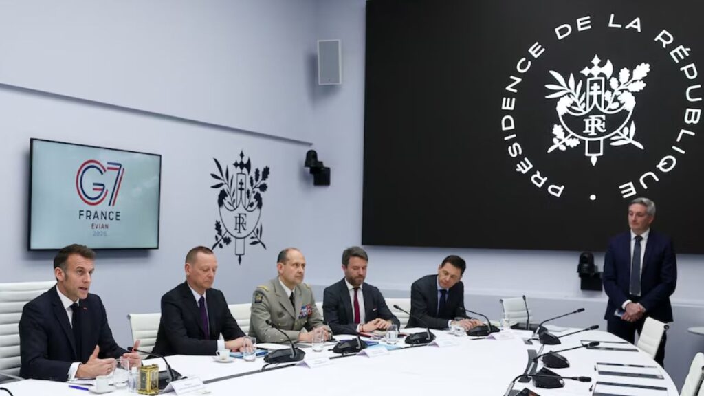 French President Emmanuel Macron chairs a telephone meeting he organized with G7 leaders at the Élysée Palace in Paris, March 11, 2026. (Reuters)