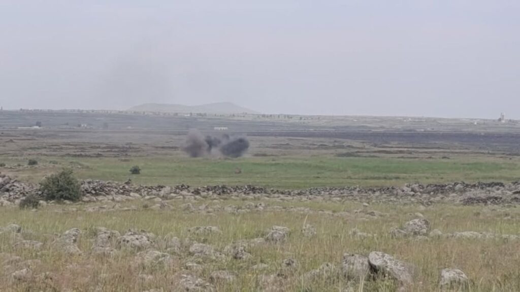The Israeli army targets the vicinity of al-Mantara Dam in Quneitra countryside with mortar shells, 1 May 2026. (Quneitra Media Directorate)