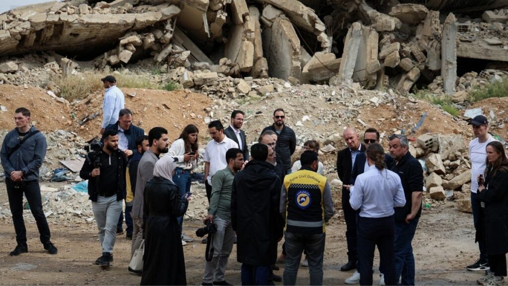 A German Interior Ministry delegation inspects destruction in al-Ajami neighborhood in Harasta, Rural Damascus, April 28, 2026. (SANA)