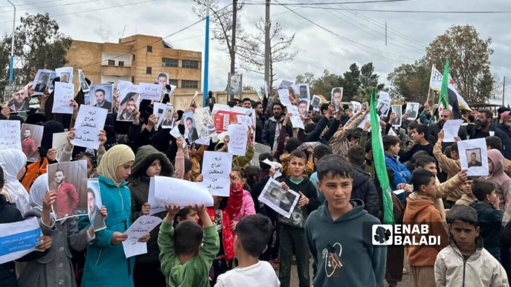 Protesters in al-Hol town demand the release of their relatives detained in SDF prisons, March 27, 2026. (Enab Baladi)