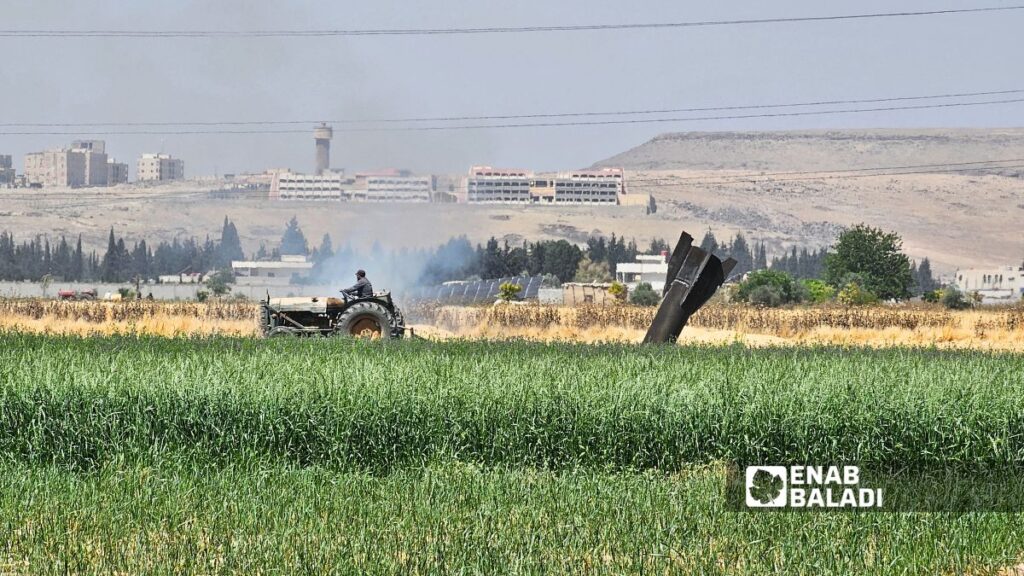 Fires in farmland in the Najha area of Rural Damascus after an Iranian missile fell following its interception by Israeli defenses, June 8, 2026. (Enab Baladi/Ahmed Muslimani)