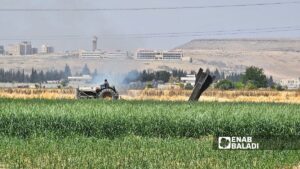Fires in farmland in the Najha area of Rural Damascus after an Iranian missile fell following its interception by Israeli defenses, June 8, 2026. (Enab Baladi/Ahmed Muslimani) Fires in farmland in the Najha area of Rural Damascus after an Iranian missile fell following its interception by Israeli defenses, June 8, 2026. (Enab Baladi/Ahmed Muslimani)