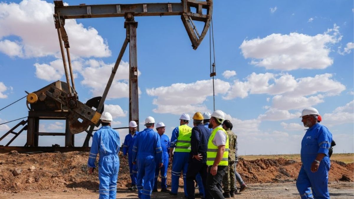The CEO of the Syrian Petroleum Company inspects the rehabilitation of wells at the al-Bishri field in the Badia al-Sham desert area, northeastern Syria, June 15, 2026. (Syrian Petroleum Company/Telegram)