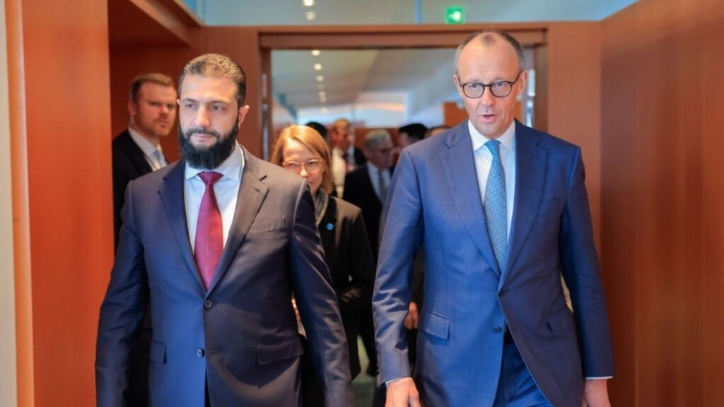Syrian President Ahmed al-Sharaa meets German Chancellor Friedrich Merz at the Federal Chancellery in Berlin, March 30, 2026. (Presidency of the Syrian Arab Republic)