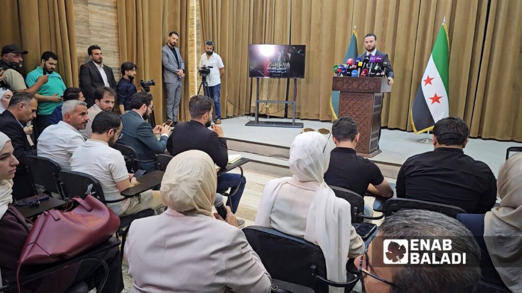 Syrian Interior Ministry spokesperson Nour al-Din al-Baba holds a press conference to explain the work of the Counterterrorism Department in pursuing remnants of the former regime, June 15, 2026. (Enab Baladi/Ahmad Muslimani)
