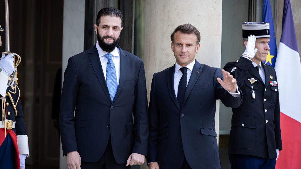 French President Emmanuel Macron receives his Syrian counterpart Ahmed al-Sharaa in Paris, May 8, 2025. (AFP)