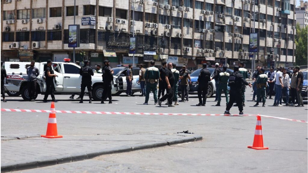 Interior Minister Anas Khattab tours the site of the explosion near the Ministry of Tourism in Damascus, July 7, 2026. (Syrian Interior Ministry)