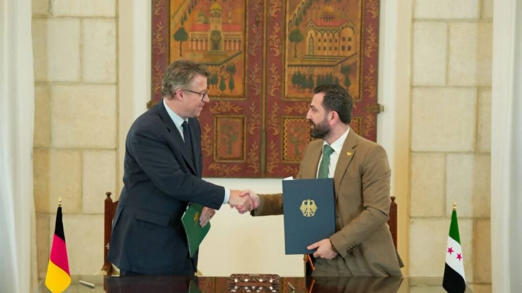Syria and Germany sign the final air transport agreement between the two countries at Tishreen Palace in Damascus, July 16, 2026. (Syrian General Authority of Civil Aviation/Facebook)