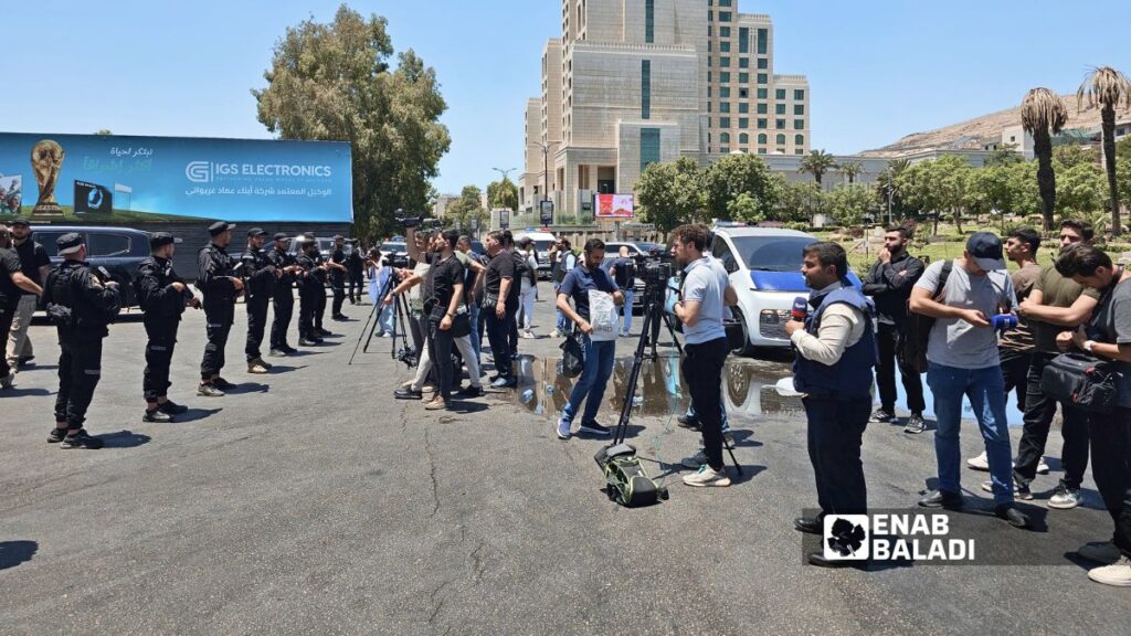 Internal Security Forces imposed a security cordon around the site and began sweeping and securing the area, July 7, 2026. (Enab Baladi/Ahmad Maslamani)