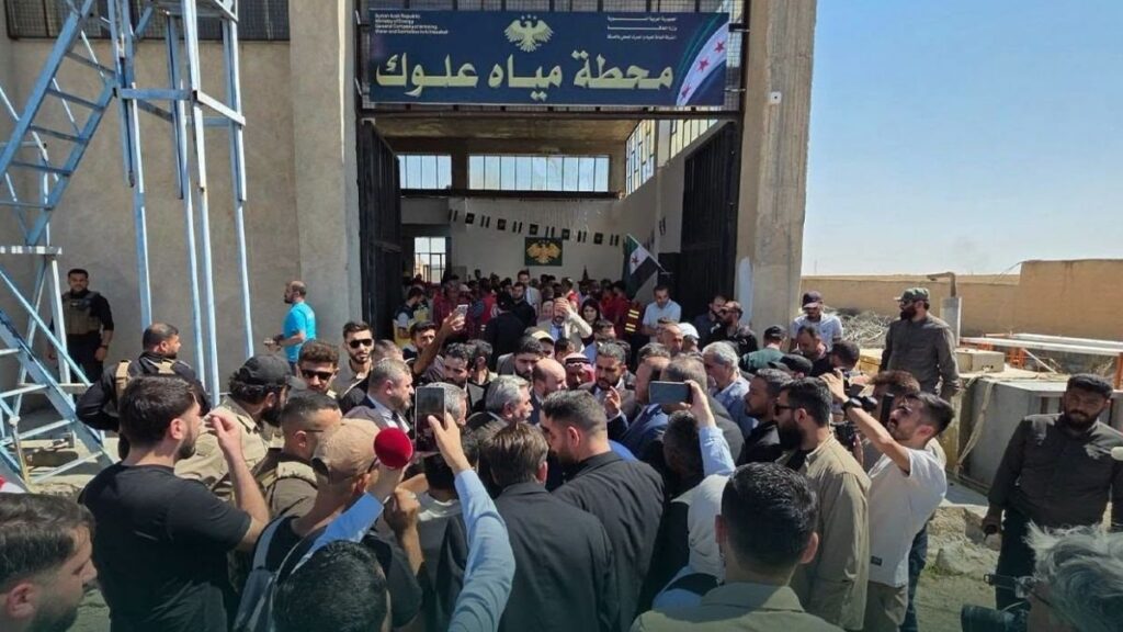 Syrian Energy Minister Mohammad al-Bashir and a government delegation inaugurate the Alouk Water Station, July 22, 2026. (Al-Hasakah Media Directorate)